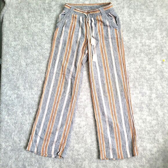 Jolt Pull On Casual Pants Wide Leg Small Striped Linen Blend Wide Leg Beach - Picture 1 of 10